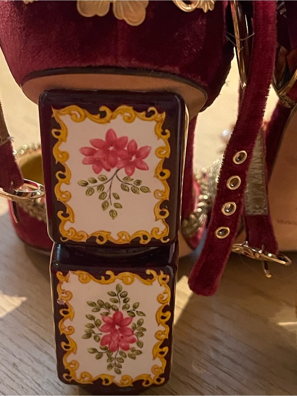 Dolce & Gabbana Red Velvet Floral-Embellished Ankle-Strap Heels IT size 39 - Picture 7 of 8